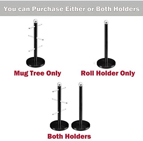 Kitchen Mug Tree for 6 Cups Paper Towel Roll Holder Stainless Steel Pole Height 35cm Rack Organiser Stand with Anti-Slip Base Modern Style, Chrome (Towel Holder Only)