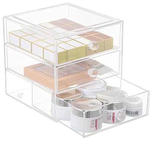 AJIODA Makeup Drawer Organizer Box with 3 Drawers, Acrylic Cosmetic Display Case Vanity Organizer Jewelry Storage Box Stackable Storage for Cosmetics, Skin Care, Bathroom, Countertop, Clear
