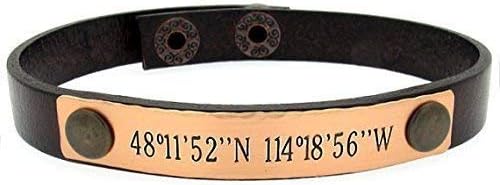 Personalized GPS Bracelet - Latitude Longitude Coordinates Engraved Leather Cuff - Engraved Copper Bracelet - Custom Coordinate Bracelet for men - 7th anniversary gift