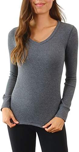 Pure Look Women's Long Sleeve Waffle Knit Stretch Cotton Thermal Underwear Shirt, Small, V-Neck Charcoal