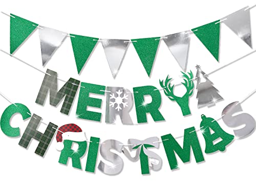 Partywoo Merry Christmas Banner, 2 Sets Christmas Banners Bunting, Glitter Hanging Christmas Decorations, Green Buffalo Plaid Signs Banners For Xmas Party Decorations, Indoor Holiday Christmas Decor #TOP11
