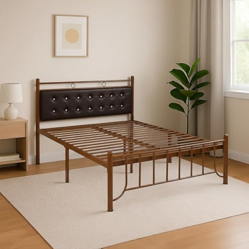 Image of Zuno Metal Queen Size Bed Without Storage | Wrought Iron Double Bed with Headboard & Footboard | Sturdy Powder Coated Platform Bed Queen Size Cot for Bedroom Living Room Brown (75x60)
