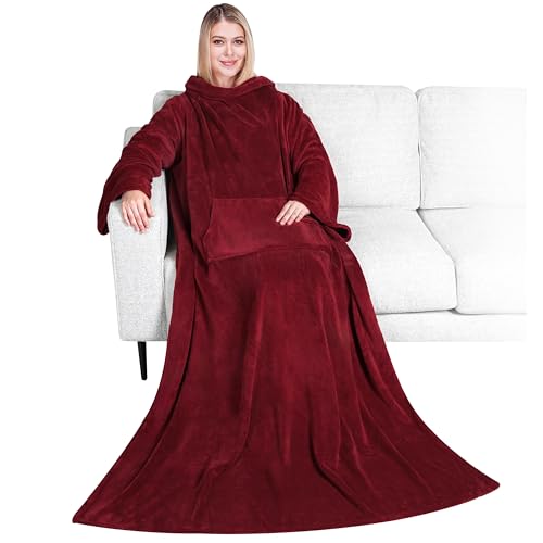 AONELAS PAVILIA Premium Fleece Blanket with Sleeves for Women Men Adult, Wearable Blanket Warm Cozy, Super Soft Sleeved Throw with Arm, Gift for Women Mom Wife (Wine Red, Kangaroo Pocket)