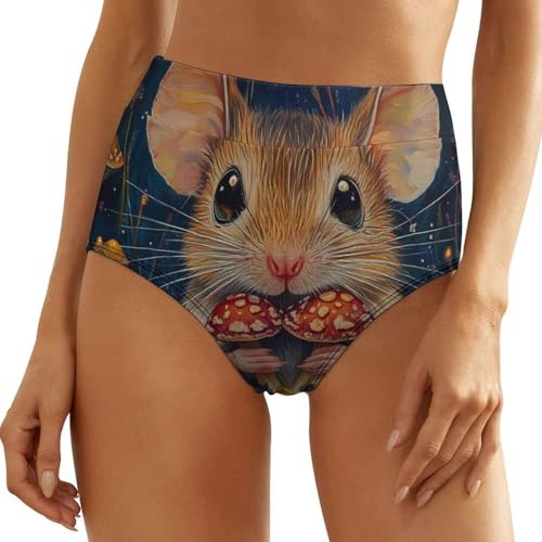Image of Little Mouse Holding Mushrooms High Waisted Underwear for Women Stretch Panty Full Coverage Briefs Ladies Panties 1PC L