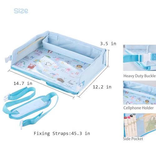 Image of Car Seat Tray for Kids - Toddler Travel Essential Car Activity Table, Waterproof Snack Tray for Eating, Lap Desk Organizer, Airplane Travel Essentials, Girl Boys Car Accessories - Blue