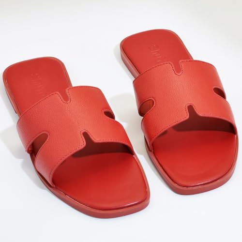 Women's Flat Sandals, Ladies Leather Slippers, Comfy Dressy Slip on Shoes Elegant Slides Summer Fall Spring Cute Open Toe Casual Footwear2