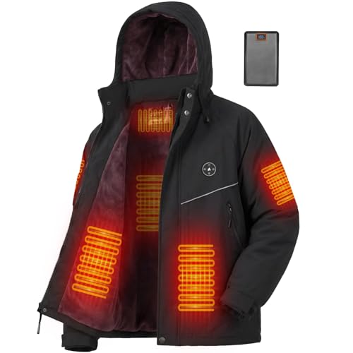 Brimekey Chaqueta Calefactable Hombre con Forro Polar y Brazalete, Batería 20000mAh 7.4V, 6 Zonas de Calefacción y 3 Niveles de Temperatura, Chaqueta Impermeable e Impermeable de Invierno para Esquí