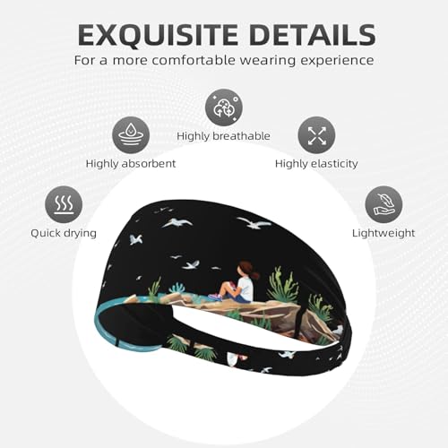 Elastic Sports Headband Hairband BROLEO little girl watching seagulls on the reef Printing Quick Drying, Moisture Wicking4