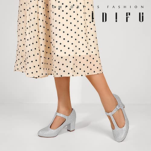 Idifu Women's Pumps Dress Shoes For Women Mary Jane Low Chunky Closed Toe T-Strap Womens Dress Shoes Wedding Shoes For Bride Black Nude Silver Heels For Women (Silver Glitter, 9.5 M Us) #TOP4
