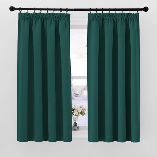 PONY DANCE Dark Green Thermal Blackout Curtains 54 Inch Drop for Bedroom, Living Room Blackout Pleat Curtains with Hooks for Track Short Curtains for Window Treatment, W46 X L54, Dark Green