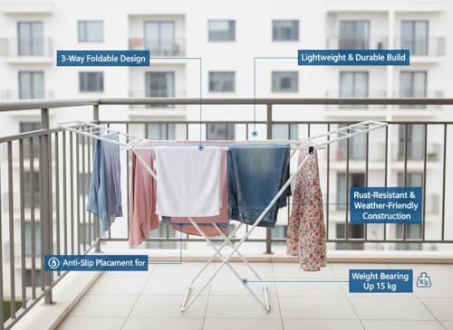 Image of Foldable Clothes Drying Rack, White Metal Frame, Indoor Outdoor Laundry Stand, Space Saving Design White Color