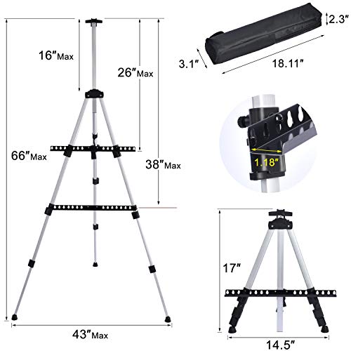 Portable Artist Easel Stand for Painting - Adjustable Height Painting Easel with Bag - Tabletop Art Easel for Painting Canvas Stand, Poster Stand & Wedding Signs Stand - Metal Tripod - 17x66 inches - Thumbnail 3