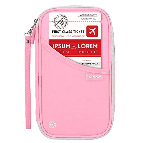 defway Family Passport Holder Waterproof RFID Blocking Credit Card Organizer Travel Document Bag Ticket Wallet with Strap for Men Women, Travel Essentials for Flying (Pink)