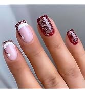 Mkwntg Christmas Press on Nails Short Square Fake Nails with Santa Hat Design Glossy Red Glitter ...