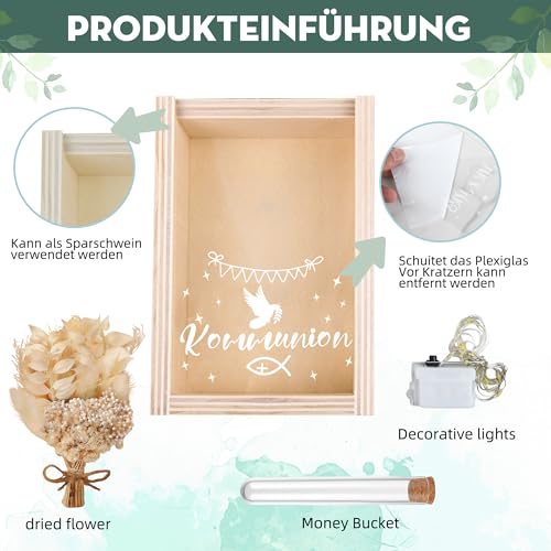Kommunion Geschenke für Mädchen Junge, LED Geldgeschenke Verpackung Geschenkbox, Kommunion Geschenke inklusive Getrocknete Blumen,Holzbox,Geschenke zur Erstkommunion Mädchen Junge