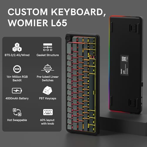 Image of womier L65 60% Mechanical Keyboard Wireless with Knob, Black Gaming Keyboard 4000mAh Battery, Tri Mode USB-C /BT5.0 /2.4G Gasket Mounted Key Board RGB Hot Swappable with Gradient keycaps-Linear Switch