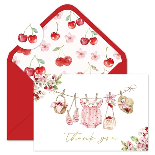Whaline 50 Pcs Baby Shower Thank You Cards Greeting Cards with Envelopes Stickers Gold Foil Red Cherry Blossom Plaid Baby Cloth Blank Note Cards for Birthday Party Supplies, 4 x 6 Inch