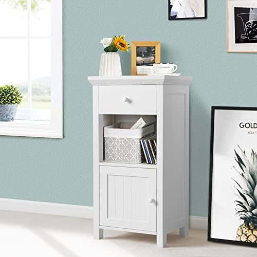 RELAX4LIFE Floor Bathroom Cabinet, Wooden Storage Cupboard with Drawer, Open Shelf & Door Cabinet, Freestanding Slim Side Cabinets Organizer Unit for Bathroom Living Room Hallway Bedroom
