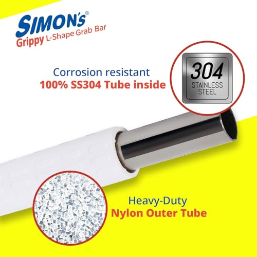 Image of Simon's Grippy Heavy-Duty Nylon and SS304 Inside Bathroom and Toilet Anti Slip Grab bar with for Elderly Hand Railing and Safety Handle| White | 3.5 cm Broad, 38cm Length - Pack of 1