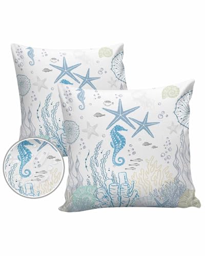 Nautical Seahorse Blue Outdoor Pillow Cover 20x20 Inch Cushion Sham Case,Waterproof Decorative Square Throw Pillowcase for Outside Garden Patio Couch Chair Tent Coastal Corals Tropical Fish Watercolor