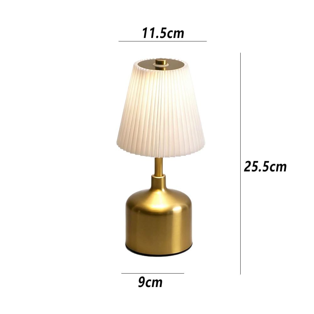 LED Akku Tischleuchte Kabellos Plissiertem Stoff Schirm Nachttischlampe Batteriebetrieben USB Aufladung Tragbar Tischlampe Innen Gold Metall für Nachttisch Schlafzimmer Lesen