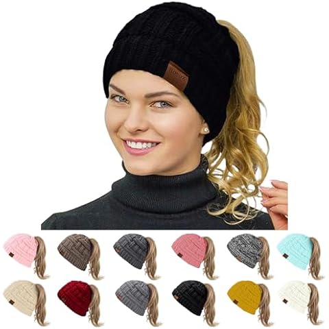 Rosoz 1&2 Packs Ponytail Beanie for Women Beanie Winter Hat Ponytail Hat Tail Stretch Cable Knit Cap Messy High Bun Hat Cover