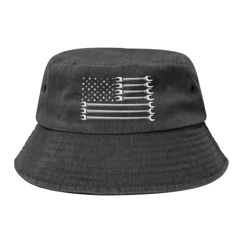 Qauirfe USA American Flag Mechanic Wrench Fashion Cowboy Denim Fisherman Hat Outdoor Fishing Cap Sun