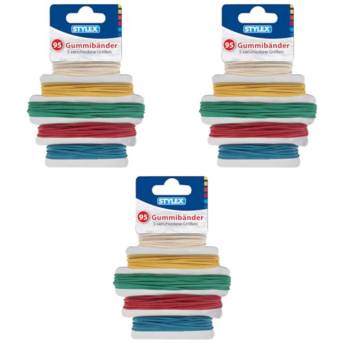 Stylex Gummibänderset mit 3x 95 Stück in 5 verschiedenen Farben und Durchmessern von 90 mm bis 180 mm, Rot, Blau, Grün, Gelb, Weiß