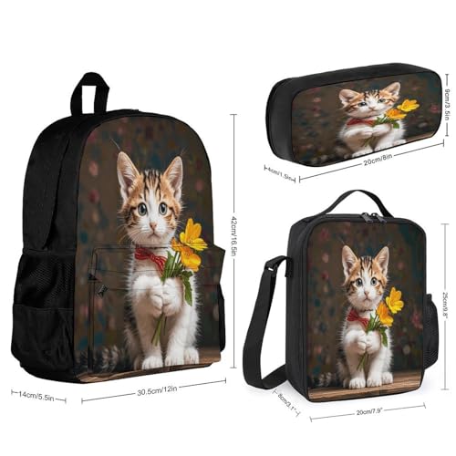 3-in-1 Backpack Combination Set Kitten Hugging A Flower Print 3Pcs Backpack Sets Travel Daypack with Lunch Bag And Cosmetic Bag2