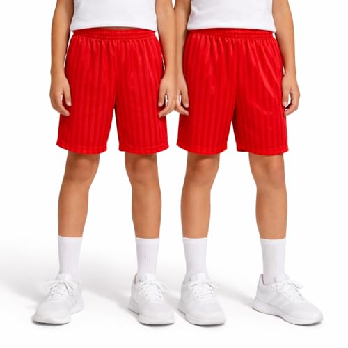 KHIM Pack of 2 Shadow Stripe School PE Sports Football Games Shorts Boys Girls Kids Childern (13-14 Years Red)