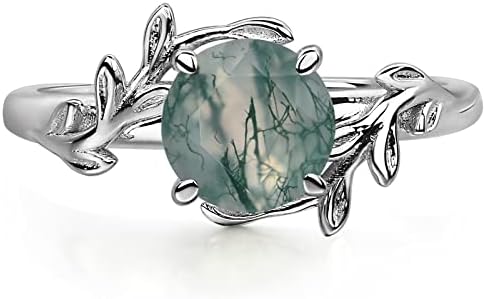 LUO Round Cut 1.25 Carat Natural Moss Agate Ring 925 Sterling Silver Engagement Wedding Ring 7 mm Green Agate Olive Leaf Promise Statement Ring for Women US Size 7.5