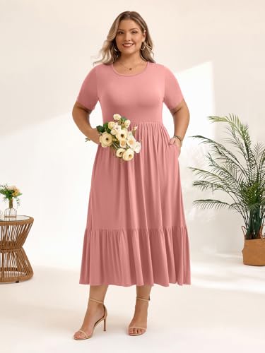 Image of LARACE Plus Size Dresses for Women Summer Casual Short Sleeve Long Dress Flowy Maxi Beach Dresses with Pockets L-6XL