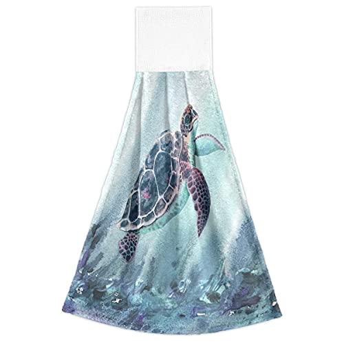 Blue Sea Turtle Hanging Kitchen Towels 2 Pack Watercolor Tortoise Absorbent Wipe Dish Towels Ocean Animal Tie Towel For Bathroom Home Decor #TOP1