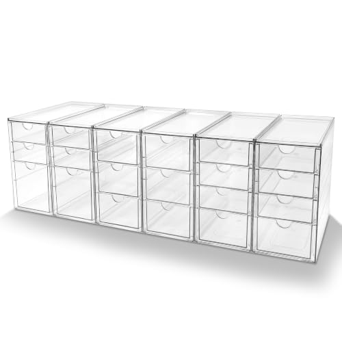 Image of Prsildan Stackable Desk Organizers with 20 Drawers, Craft Storage Drawer | Anti-slip Clear Acrylic Teacher Toolbox, Makeup Vanity Organizer for Nail, Bathroom Kitchen Office Organization, 6 Pack