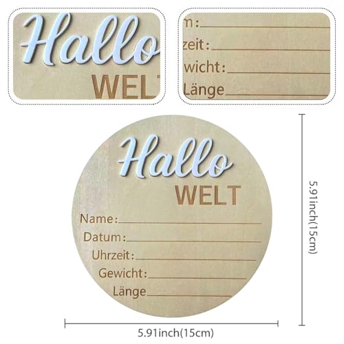 Image of Baby Announcement Sign, 5.9 Inch Wooden Hello World Newborn Signs, inchHallo Welt inch Decoration, Birth Announcement Sign, Welcome Newborn Arrival to World, Hospital Nursery for baby