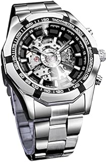 FORSINING Herren-Armbanduhr, mechanische Armbanduhr, Skelett, blaues Zifferblatt, Edelstahl, wasserdicht, Handaufzug, leuchtende Sport-Herren-Armbanduhr, silber, schwarz