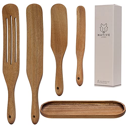 NATIVE LOBO Wooden Spurtle Set with Spoon Rest, 5 Piece Natural Acacia Wood, Heat Resistant Cooking Utensil, Non-Stick Spatula Kitchen Tool Cookware, for Stirring, Mixing, and Serving