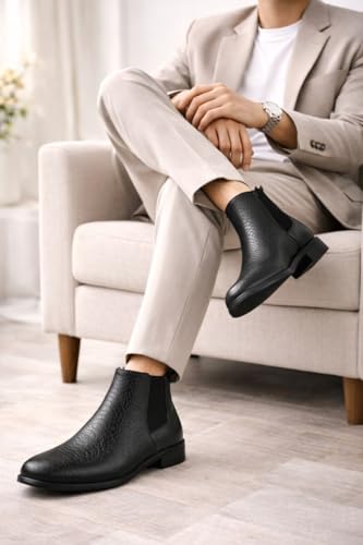 Image of Men's Leather Chelsea Boots | Ankle Boots with Textured Finish Formal & Smart Casual Boots | Comfortable Fit, Trendy, Stylish Boots | Leather Boots for Office /Fashionable