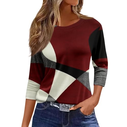 JXKIKOZE 3/4 Length Sleeve Womens Tops,Cotton Dressy Casual Crew Neck Summer Shirts for Women 2025 Trendy Business Loose Fitted Basic Tops Winter Clothing for Women Reds M