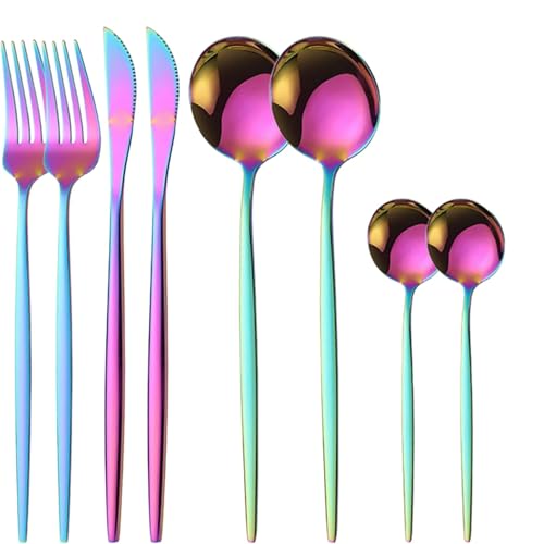 Image of 8 pcs Flatware Set,Rainbow Silverware Set for 2, Knife Fork Spoon, Stainless Steel Home Dinnerware Tableware,Mixed Cutlery Set Eating Utensils for Restaurants (8 Pcs Rainbow)