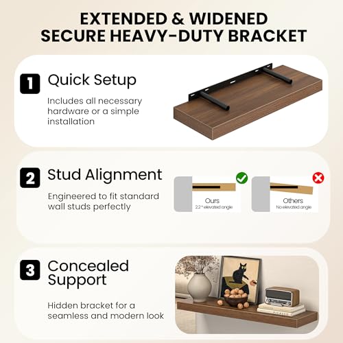 Image of Fun Memories 32Inch Floating Shelves for Wall, 8 Inch Deep Shelves for Bathroom|Bedroom|Kitchen Wall Mounted, Wood Hanging Shelf with Invisible Brackets for Home Storage Decor, Walnut - 3 Pack