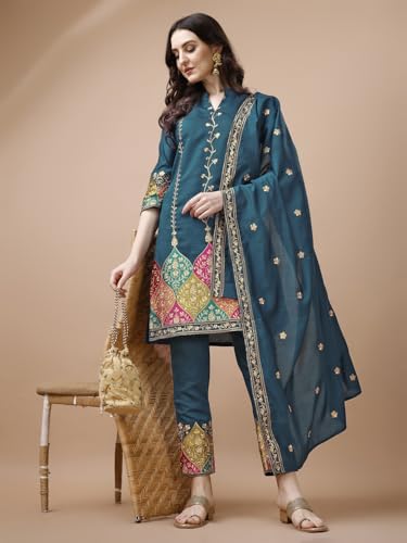 Image of Granthva Fab Women's Chanderi Silk Embroidered Straight Kurta with Palazzos and Dupatta