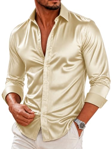 Vssjavun Men's Satin Dress Shirt Shiny Button Down for Party Club Disco