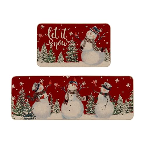 Moutina Let It Snow Snowman Red Decorative Kitchen Rugs Set