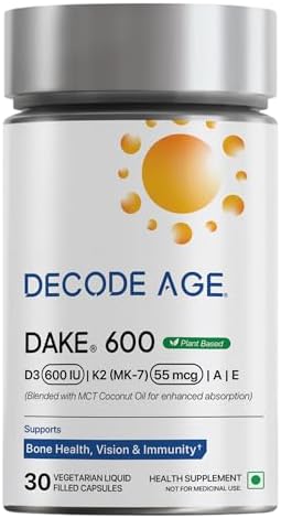 Decode Age DAKE 600 IU Multivitamin | Plant-Based Lichen D3, K2 (MK-7), A & E | Supports Bone, Vision, Immunity & Skin Health | With MCT Oil for Enhanced Absorption | 30 Vegan Capsules