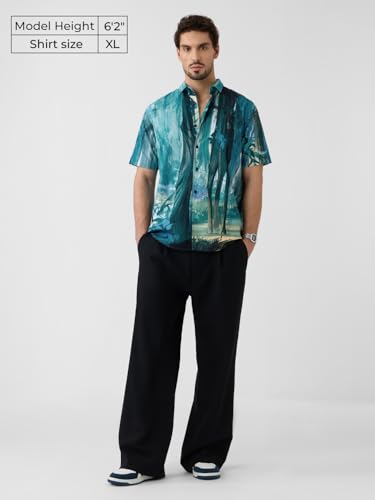 Image of The Souled Store Jungle Book: Into The Wild Men and Boys Short Sleeves Collared Neck Button Front Blue Printed Cotton Blend Regular Fit Holiday Shirts