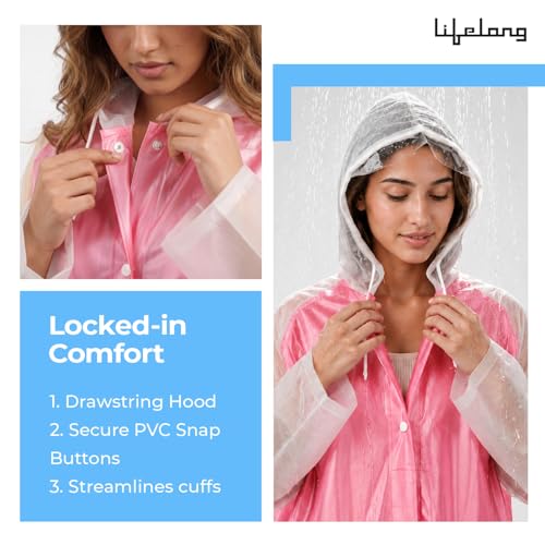 Image of Lifelong Raincoat Waterproof for Women| 100% Waterproof Rainwear for Women & Girls | One-Piece Hooded Raincoat| Snap Buttons & Pockets | Travel for Hiking, Trekking, Camping (L, Pink & White)