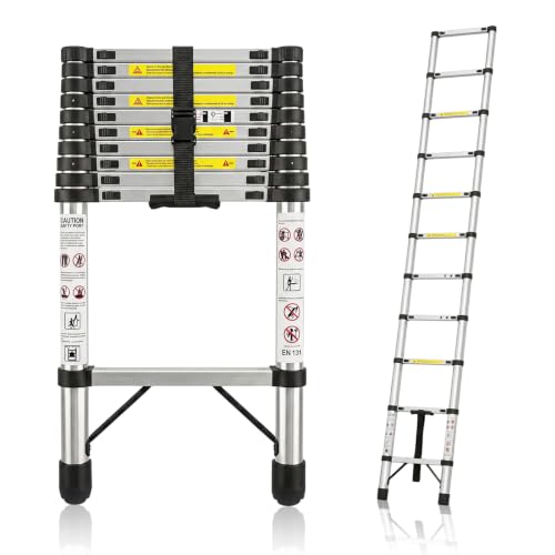 Échelle télescopique de 3,2 m, échelle Extensible en Acier Inoxydable renforcé Anti-crochage, échelle Pliable Stable de 150 kg, échelle Pliable à Retrait Lent Anti-crevaison avec Manuel Complet.