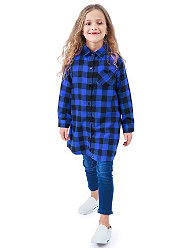 Image of OCHENTA Girls Flannel Shirt Dress 100% Cotton Plaid Button Down Buffalo Check Long Sleeve Kids School Outfits (3-12Y)
