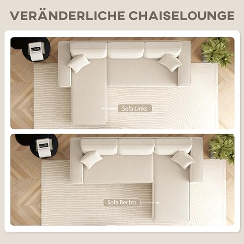 HOMCOM Ecksofa 3-Sitzer Sofa in L-Form Eckcouch mit Umkehrbarer Chaiselongue 2 Kissen Federpolster, Polsterecke aus Cordstoff Wohnlandschaft für Wohnzimmer Schlafzimmer 241x153x83 cm Cremeweiß – Bild 5